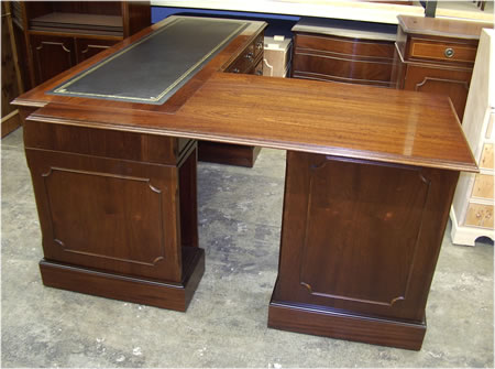 Bespoke L-Shaped Desk in Mahogany with a Leather Top and Polished Return